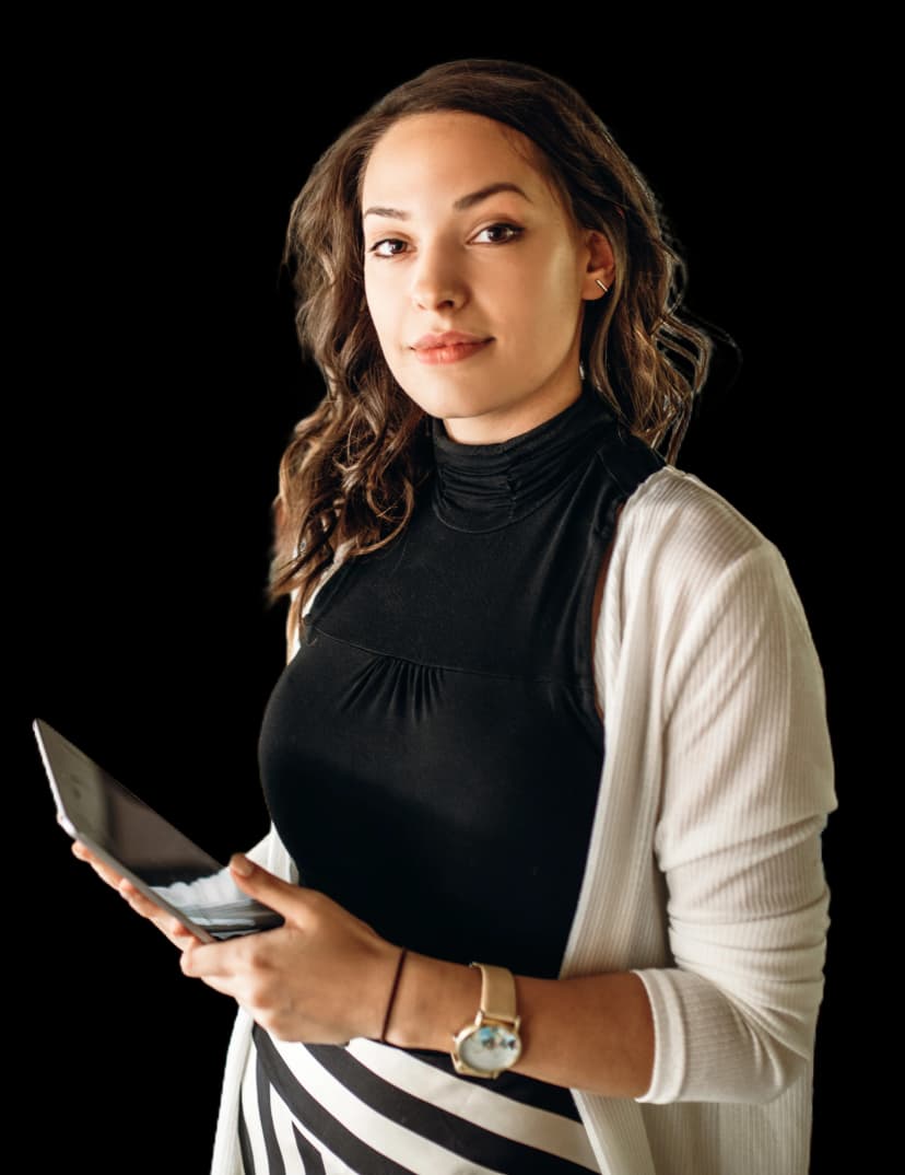 Woman with tablet looking at camera